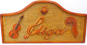 Lot 83 - Wooden shop Advertising sign - Gliga Violins - raised lettering and sym Lot 83 - Wooden shop Advertising sign - Gliga Violins - raised lettering and sym