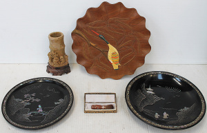 Lot 93 - Lot of Decorative Oriental Items inc Carved Soapstone Brush Holder, Clo