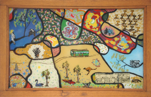 Lot 101 - Steven Krahe (1952 - ) Framed Mixed media on Glass - Icons of Australi Lot 101 - Steven Krahe (1952 - ) Framed Mixed media on Glass - Icons of Australi