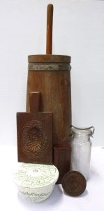 Lot 105 - Group lot of Vintage Kitchenalia inc, tall wooden cylindrical butter c