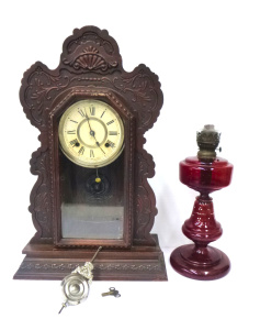 Lot 118 - 2 x Circa 1900 Items inc, Ruby Glass Oil Lamp with clear chimney &