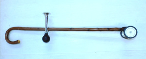 Lot 132 - Vintage Wooden Walking stick with attached horn & wheels Lot 132 - Vintage Wooden Walking stick with attached horn & wheels