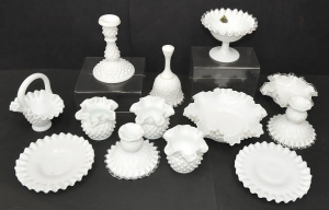 Lot 140 - Group lot of Vintage Fenton Milk Glass Items inc, candleholders, flute Lot 140 - Group lot of Vintage Fenton Milk Glass Items inc, candleholders, flute