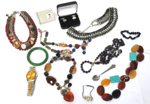 Lot 157 - Box costume jewellery etc, necklaces, gemstones, wide collars, Jadeite Lot 157 - Box costume jewellery etc, necklaces, gemstones, wide collars, Jadeite