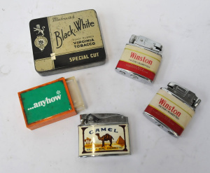 Lot 179 - Small lot - Vintage Cigarette Advertising Lighters & Tin for Black Lot 179 - Small lot - Vintage Cigarette Advertising Lighters & Tin for Black