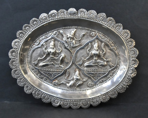 Lot 198 - Vintage Indian White Metal Dish - Embossed Seated Deities w figures ab Lot 198 - Vintage Indian White Metal Dish - Embossed Seated Deities w figures ab