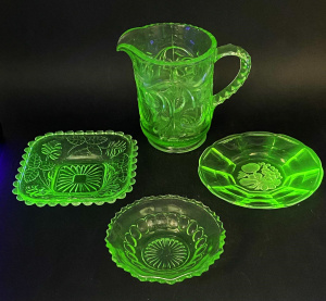 Lot 205 - 4 pces Vintage Uranium Glass inc Australian Crown Crystal Jug - Fruit Lot 205 - 4 pces Vintage Uranium Glass inc Australian Crown Crystal Jug - Fruit