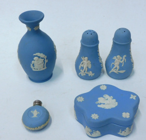 Lot 226 - 5 pces Wedgwood pale blue Jasperware inc Floral Girls perfume bottle, Lot 226 - 5 pces Wedgwood pale blue Jasperware inc Floral Girls perfume bottle,