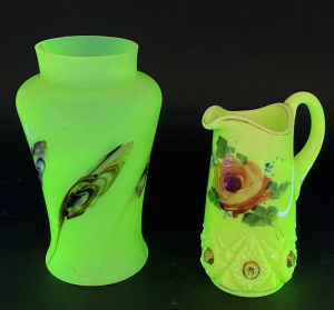 Lot 232 - 2 pces Victorian Uranium glass inc Lemon milk glass Hand painted Jug l