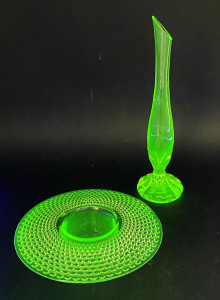 Lot 235 - 2 pces Vintage Uranium Glass inc Jobling Art Deco posy Bowl - wide rim Lot 235 - 2 pces Vintage Uranium Glass inc Jobling Art Deco posy Bowl - wide rim