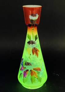Lot 237 - Victorian Uranium hand painted Milk Glass vase - Floral detail to fro