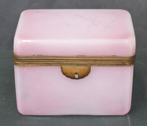 Lot 241 - c1900 French Pink Opaline Glass Casket with brass mounts 9cm H