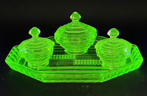 Lot 244 - Vintage Sowerby Uranium Glass Part Dressing table set - 4 pce inc Tray Lot 244 - Vintage Sowerby Uranium Glass Part Dressing table set - 4 pce inc Tray