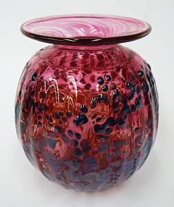 Australian Glen Pattrick Art Glass Vase, Vertical ribbing with flared rim, ruby