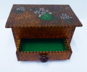 C1930s Poker Work Lidded Jewellery Box with textured finish, drawer and floral d
