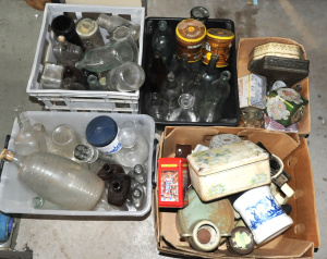 Group Lot incl 5 x Boxes Vintage Glass, Tins & others incl EK Cordial Bottle