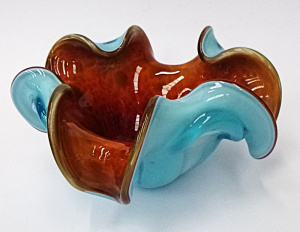 Mid Century Murano Art Glass Bowl, fluted rim, pale blue exterior with burnt ora