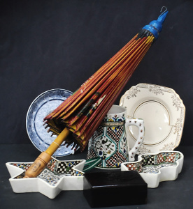 Mixed Lot incl 3 x Persian Hand Decorated Pottery , Hand Painted Parasoul, Small