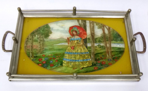 Vintage gallery tray, foil image of lady with a parasol in a landscape approx 41