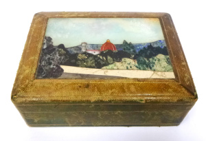 Vintage Italian Wooden and leather box with Pietra Dura Lid - landscape scene wi