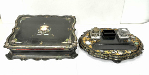Lot 4 - 2 pces Ornate Victorian black lacquer ware paper Mache writing slope &am Lot 4 - 2 pces Ornate Victorian black lacquer ware paper Mache writing slope &am