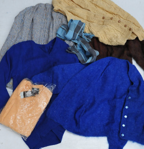 Lot 11 - Box Lot of Vintage Wool Jumpers, Hand Knitted Vests, Scarfs etc Lot 11 - Box Lot of Vintage Wool Jumpers, Hand Knitted Vests, Scarfs etc