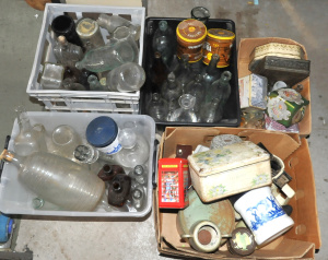 Lot 17 - 5 x Boxes inc Vintage Glass, Tins & others incl EK Cordial Bottle,