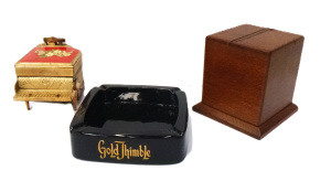 Lot 31 - 3 x vintage Smoking items - Silky Oak 1930s Cigarette Dispenser, Gold T Lot 31 - 3 x vintage Smoking items - Silky Oak 1930s Cigarette Dispenser, Gold T