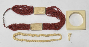 Lot 32 - Grp bone jewellery - vintage Tribal red bead & carved bone necklace Lot 32 - Grp bone jewellery - vintage Tribal red bead & carved bone necklace