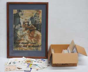 Lot 41 - Framed Reproduction British Propaganda Print & Small Box of Stamps