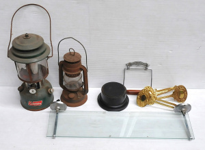 Lot 44 - Box lot of Vintage Items incl Enamel Tilley Lamp, Chrome & Glass S