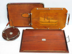 Lot 49 - 4 x Vintage Wooden Drink Trays inc Presentation tray w Sterling silver Lot 49 - 4 x Vintage Wooden Drink Trays inc Presentation tray w Sterling silver