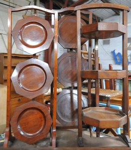 Lot 51 - 3 x Vintage Wooden Foldup Cake stands incl Teak, Oak & One w Shaw o Lot 51 - 3 x Vintage Wooden Foldup Cake stands incl Teak, Oak & One w Shaw o