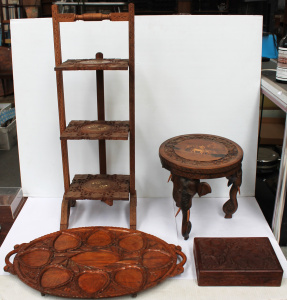 Lot 55 - Group Lot of Vintage Carved Teak inc Folding Cake Stand 85cm tall, Leaf Lot 55 - Group Lot of Vintage Carved Teak inc Folding Cake Stand 85cm tall, Leaf