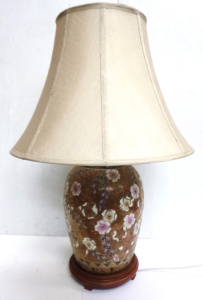 Lot 56 - Vintage Oriental China Lamp with shade and wooden base, tan ground with Lot 56 - Vintage Oriental China Lamp with shade and wooden base, tan ground with