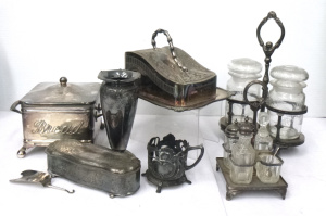 Lot 66 - Group lot of Vintage EPNS inc, lidded bread box with glass insert, cove Lot 66 - Group lot of Vintage EPNS inc, lidded bread box with glass insert, cove