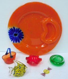 Lot 86 - Group lot of Vintage Art Glass inc Murano Bowl w Gold aventurine to ext