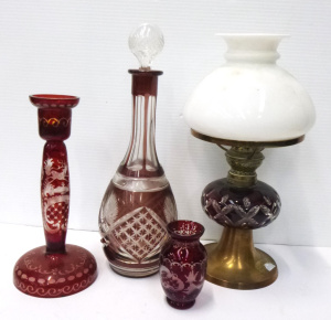 Lot 95 - Group lot of Vintage Flash Cut ruby Glass inc, Bohemian candle holder w Lot 95 - Group lot of Vintage Flash Cut ruby Glass inc, Bohemian candle holder w