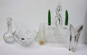Lot 100 - Group lot of Crystal inc French Vannes twin candle holder, bowl, vases