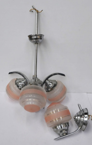 Lot 103 - Vintage Art Deco Chrome & Pink Glass Ceiling Light & Matching