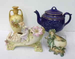 Lot 109 - Group lot of Victorian China inc c1880s blue teapot with raised decora Lot 109 - Group lot of Victorian China inc c1880s blue teapot with raised decora