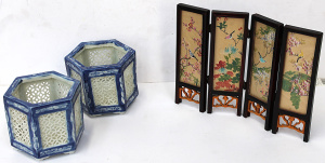 Lot 111 - Group lot Vintage Chinese inc Pair of Reticulated Hexagonal Blue & Lot 111 - Group lot Vintage Chinese inc Pair of Reticulated Hexagonal Blue &