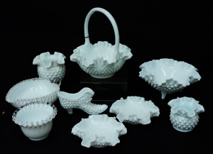 Lot 115 - Group lot of Vintage Fenton Milk Glass inc Basket, Pair of Bowls, Tri Lot 115 - Group lot of Vintage Fenton Milk Glass inc Basket, Pair of Bowls, Tri