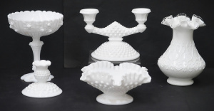 Lot 125 - Group lot of Vintage Fenton Milk Glass inc Twin handled candelabra, Fl Lot 125 - Group lot of Vintage Fenton Milk Glass inc Twin handled candelabra, Fl