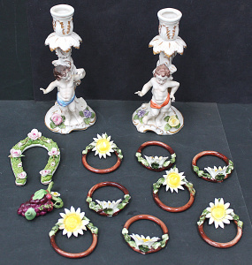 Lot 141 - Group Lot of Capodimonte Ceramics inc par of Figural Candle Holders, D Lot 141 - Group Lot of Capodimonte Ceramics inc par of Figural Candle Holders, D