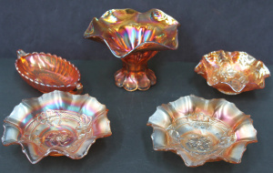 Lot 147 - Lot of Vintage Marigold Carnival Glass inc Pair of Apple Blossom Patte Lot 147 - Lot of Vintage Marigold Carnival Glass inc Pair of Apple Blossom Patte