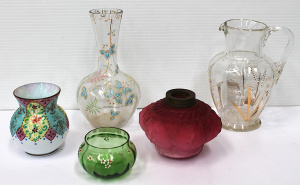 Lot 148 - 5 pces Victorian glass inc Hand painted - Vase with floral panels, Gre