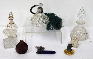 Lot 157 - Group Lot of Vintage Perfume Bottles inc Cut Glass Atomizer, Blue Bour Lot 157 - Group Lot of Vintage Perfume Bottles inc Cut Glass Atomizer, Blue Bour
