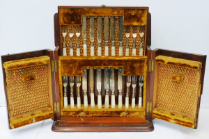 Lot 202 - c1900 Burr Walnut Cutlery Canteen - Fruit Set Unusual Upright with Vel
