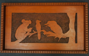 Lot 207 - Vintage c1920 - 30s Australian Carved Pine & Oak Tray panel featu Lot 207 - Vintage c1920 - 30s Australian Carved Pine & Oak Tray panel featu